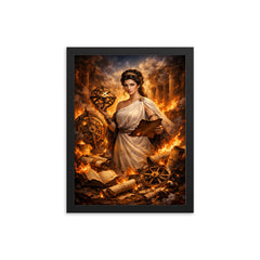 Hypatia of Alexandria among burning scrolls and astrolabes framed print on a plain backdrop in size 12"x16".