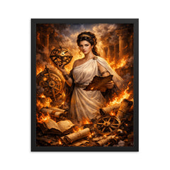 Hypatia of Alexandria among burning scrolls and astrolabes framed print on a plain backdrop in size 16"x20".