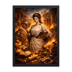 Hypatia of Alexandria among burning scrolls and astrolabes framed print on a plain backdrop in size 18"x24".