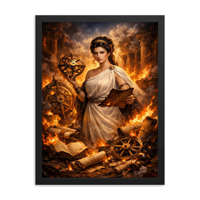 Hypatia of Alexandria among burning scrolls and astrolabes framed print on a plain backdrop in size 18