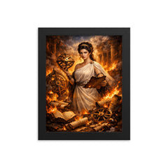 Hypatia of Alexandria among burning scrolls and astrolabes framed print on a plain backdrop in size 8"x10".