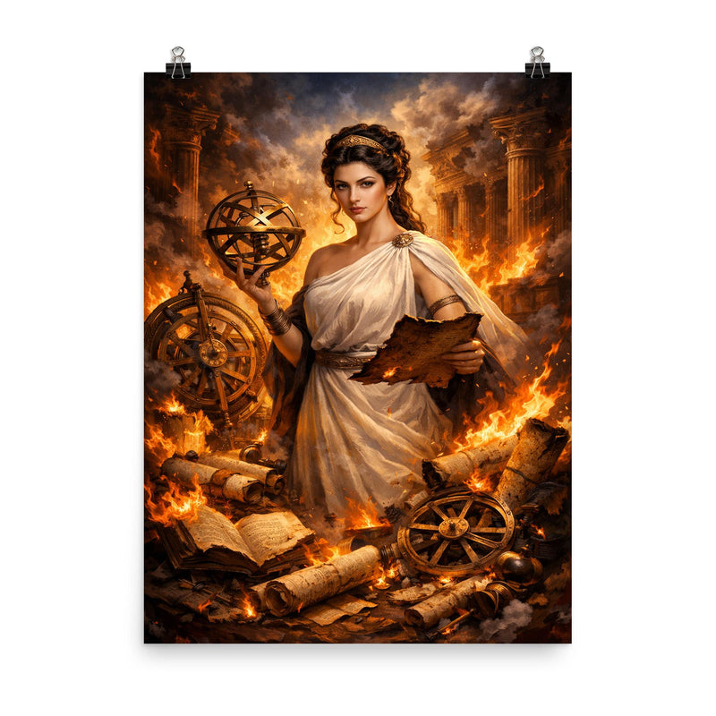 Hypatia of Alexandria among burning scrolls and astrolabes poster on a plain backdrop in size 8