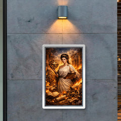 Hypatia of Alexandria among burning scrolls and astrolabes poster 2