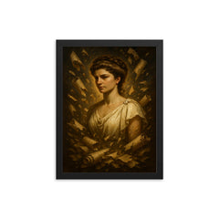 Hypatia of Alexandria surrounded by shattered scrolls framed print mockup 12x16