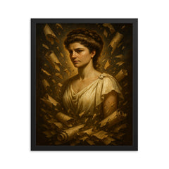 Hypatia of Alexandria surrounded by shattered scrolls framed print mockup 16x20
