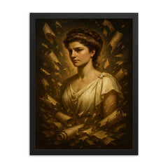 Hypatia of Alexandria surrounded by shattered scrolls framed print mockup 18x24