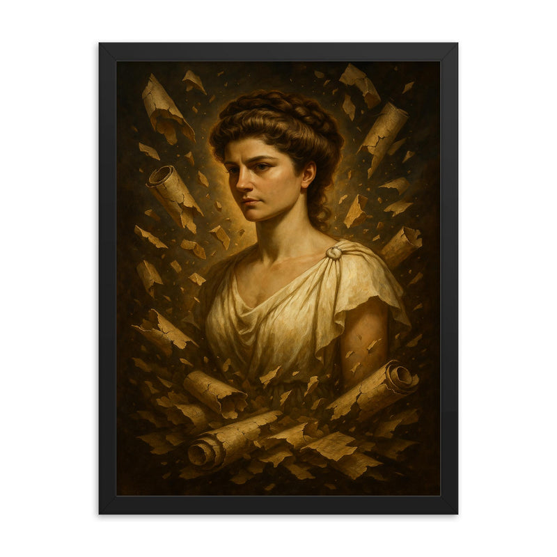 Hypatia of Alexandria surrounded by shattered scrolls framed print mockup 18x24