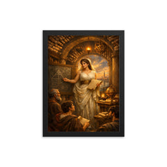 Hypatia teaching beneath Alexandrian scrolls framed print on a plain backdrop in size 12"x16".