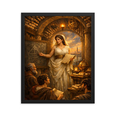 Hypatia teaching beneath Alexandrian scrolls framed print on a plain backdrop in size 16"x20".