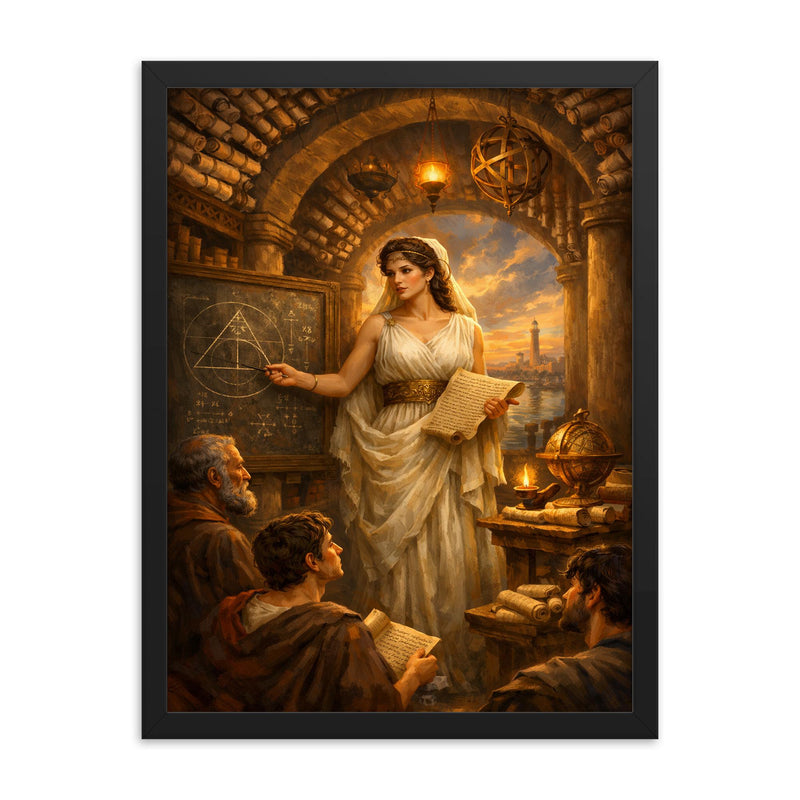 Hypatia teaching beneath Alexandrian scrolls framed print on a plain backdrop in size 18