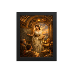 Hypatia teaching beneath Alexandrian scrolls framed print on a plain backdrop in size 8"x10".