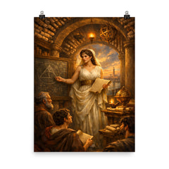 Hypatia teaching beneath Alexandrian scrolls poster on a plain backdrop in size 8"x10".