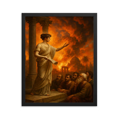 Hypatia teaching beneath burning Alexandrian sky framed print on a plain backdrop in size 16"x20".