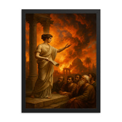 Hypatia teaching beneath burning Alexandrian sky framed print on a plain backdrop in size 18"x24".