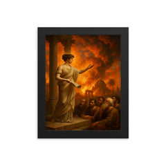 Hypatia teaching beneath burning Alexandrian sky framed print on a plain backdrop in size 8"x10".