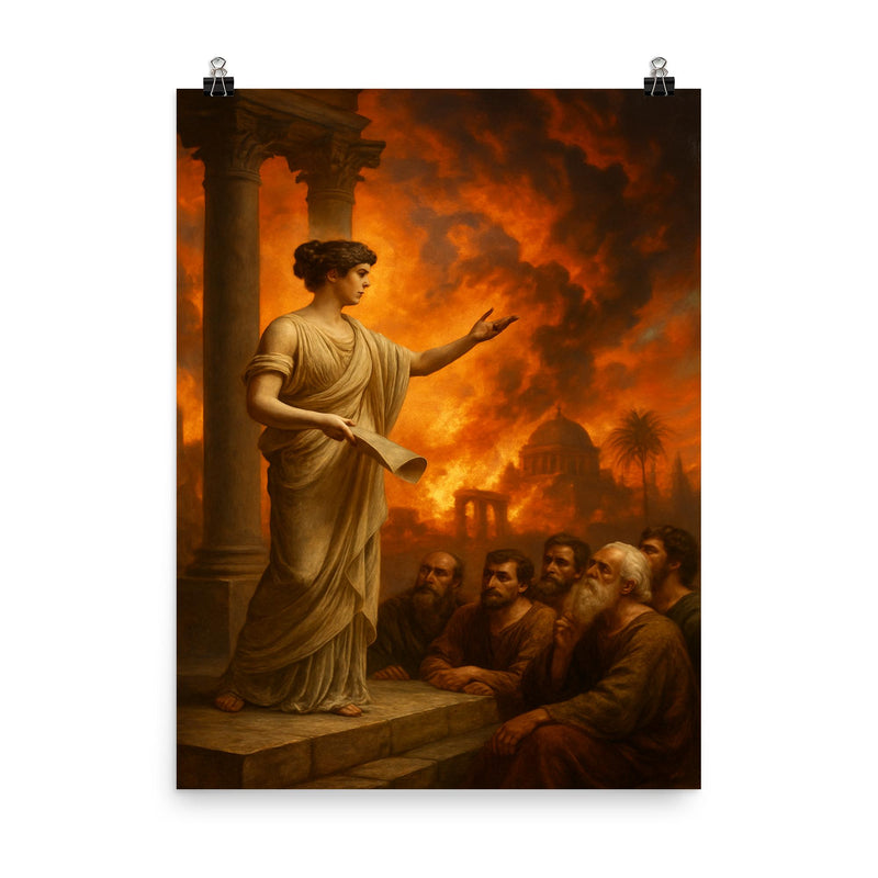 Hypatia teaching beneath burning Alexandrian sky poster on a plain backdrop in size 8