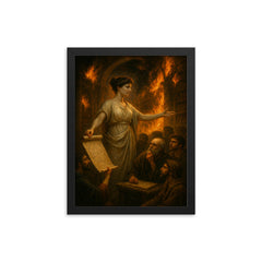 Hypatia teaching beneath burning Library shadows framed print on a plain backdrop in size 12"x16".