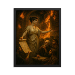 Hypatia teaching beneath burning Library shadows framed print on a plain backdrop in size 16"x20".