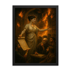 Hypatia teaching beneath burning Library shadows framed print on a plain backdrop in size 18"x24".