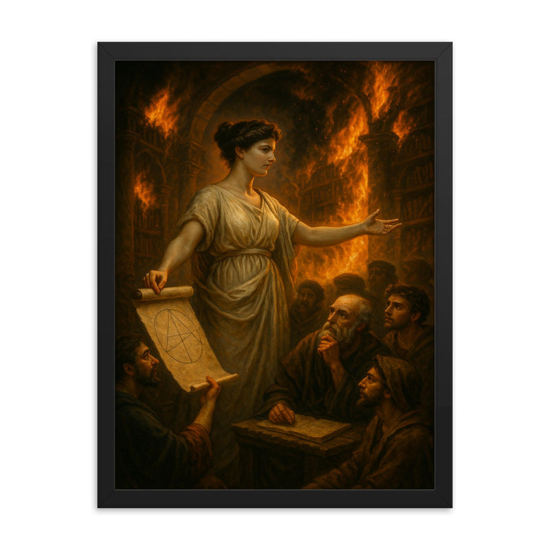 Hypatia teaching beneath burning Library shadows framed print on a plain backdrop in size 18