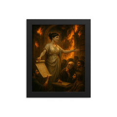 Hypatia teaching beneath burning Library shadows framed print on a plain backdrop in size 8"x10".