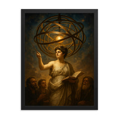 Hypatia teaching beneath the celestial armillary framed print on a plain backdrop in size 18"x24".