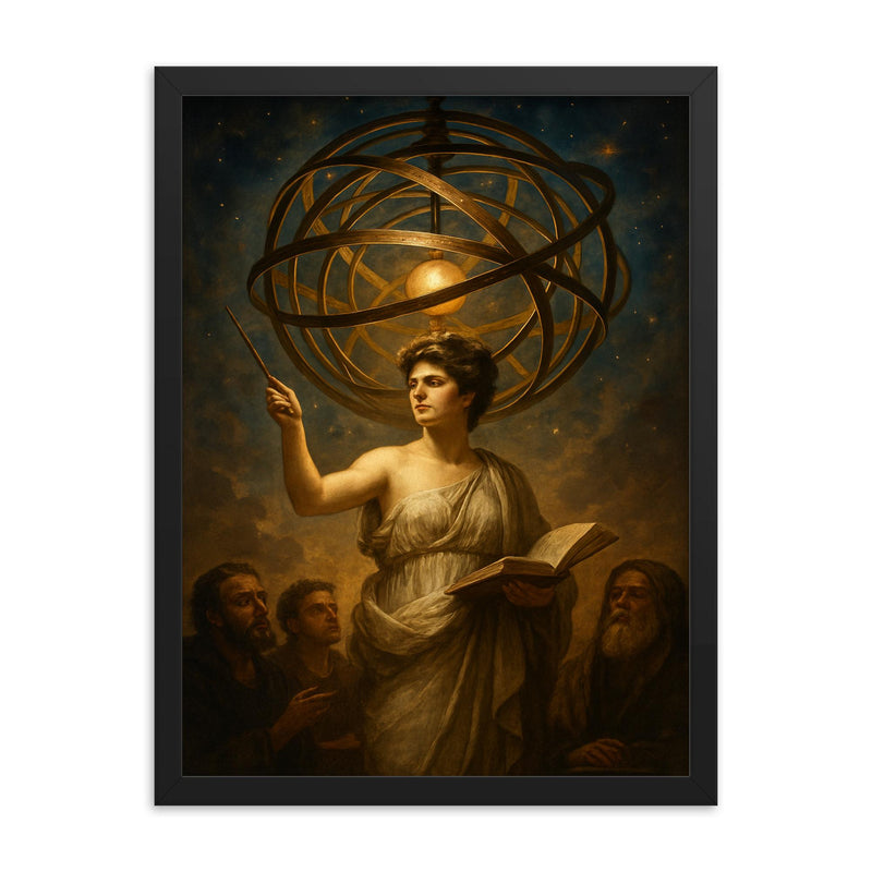 Hypatia teaching beneath the celestial armillary framed print on a plain backdrop in size 18