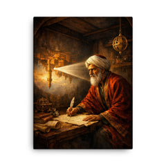 Ibn al Haytham in camera obscura chamber canvas print on a plain backdrop in size 18"x24".