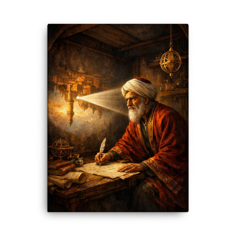 Ibn al Haytham in camera obscura chamber canvas print on a plain backdrop in size 18