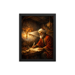 Ibn al Haytham in camera obscura chamber framed print on a plain backdrop in size 12"x16".