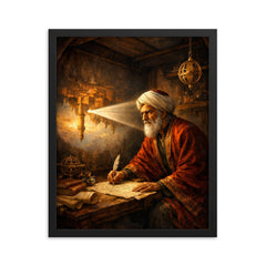 Ibn al Haytham in camera obscura chamber framed print on a plain backdrop in size 16"x20".