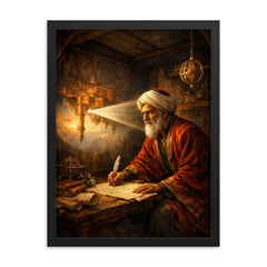 Ibn al Haytham in camera obscura chamber framed print on a plain backdrop in size 18"x24".