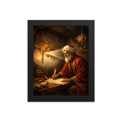 Ibn al Haytham in camera obscura chamber framed print on a plain backdrop in size 8"x10".