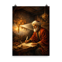 Ibn al Haytham in camera obscura chamber poster on a plain backdrop in size 8"x10".