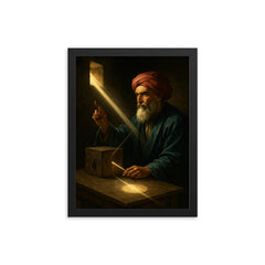 Ibn al Haytham in dark chamber with sunbeam optics framed print on a plain backdrop in size 12"x16".