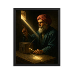 Ibn al Haytham in dark chamber with sunbeam optics framed print on a plain backdrop in size 16"x20".
