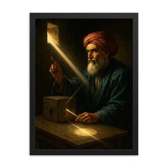 Ibn al Haytham in dark chamber with sunbeam optics framed print on a plain backdrop in size 18"x24".