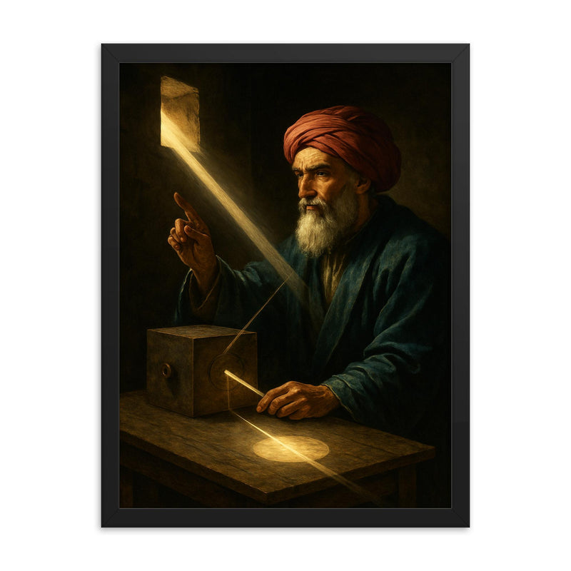 Ibn al Haytham in dark chamber with sunbeam optics framed print on a plain backdrop in size 18
