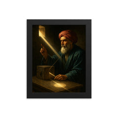 Ibn al Haytham in dark chamber with sunbeam optics framed print on a plain backdrop in size 8"x10".