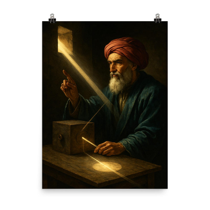 Ibn al Haytham in dark chamber with sunbeam optics poster on a plain backdrop in size 8