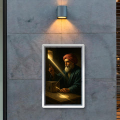 Ibn al Haytham in dark chamber with sunbeam optics poster 2
