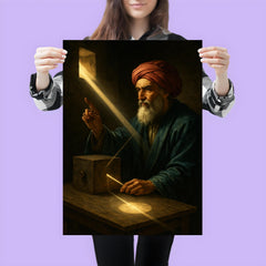 Ibn al Haytham in dark chamber with sunbeam optics poster 3