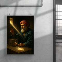 Ibn al Haytham in dark chamber with sunbeam optics poster 4