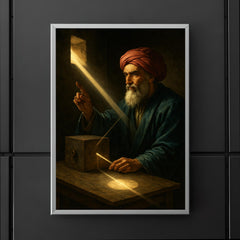 Ibn al Haytham in dark chamber with sunbeam optics poster 5