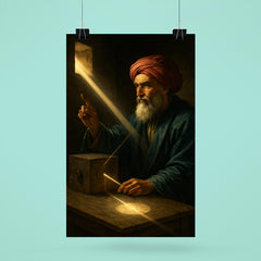 Ibn al Haytham in dark chamber with sunbeam optics poster 6