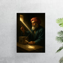 Ibn al Haytham in dark chamber with sunbeam optics poster 7