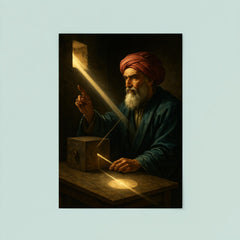 Ibn al Haytham in dark chamber with sunbeam optics poster 8