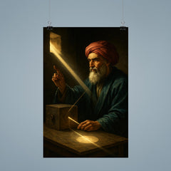 Ibn al Haytham in dark chamber with sunbeam optics poster 9