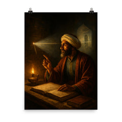 Ibn al Haytham studying light through a dark chamber poster on a plain backdrop in size 8"x10".