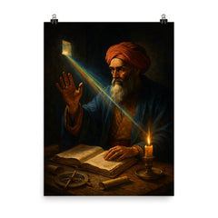 Ibn al Haytham studying light through a dark chamber poster on a plain backdrop in size 8"x10".